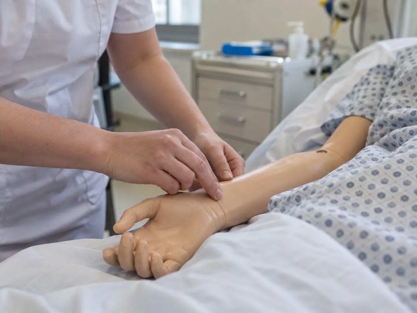 A student nurse's hands taking a pulse on a training mannequin's wrist in a university clinical skills room