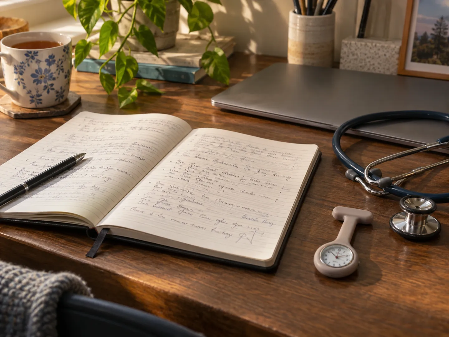 An open notebook, a fob watch and a stethoscope on a desk beside a laptop, ready for a study session