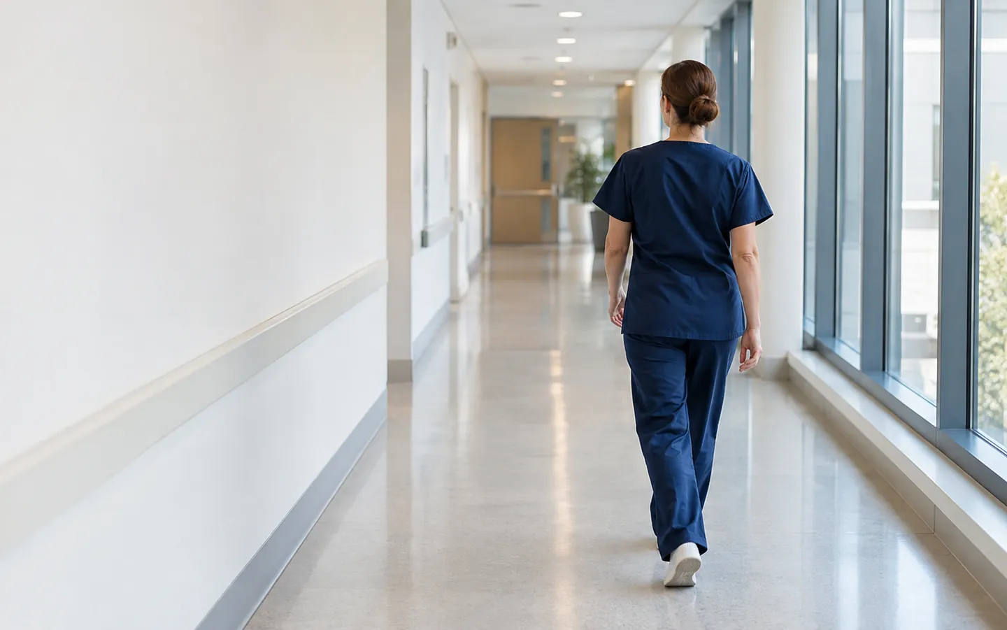 A nurse in navy scrubs seen from behind walking along a bright hospital corridor with large windows and soft daylight